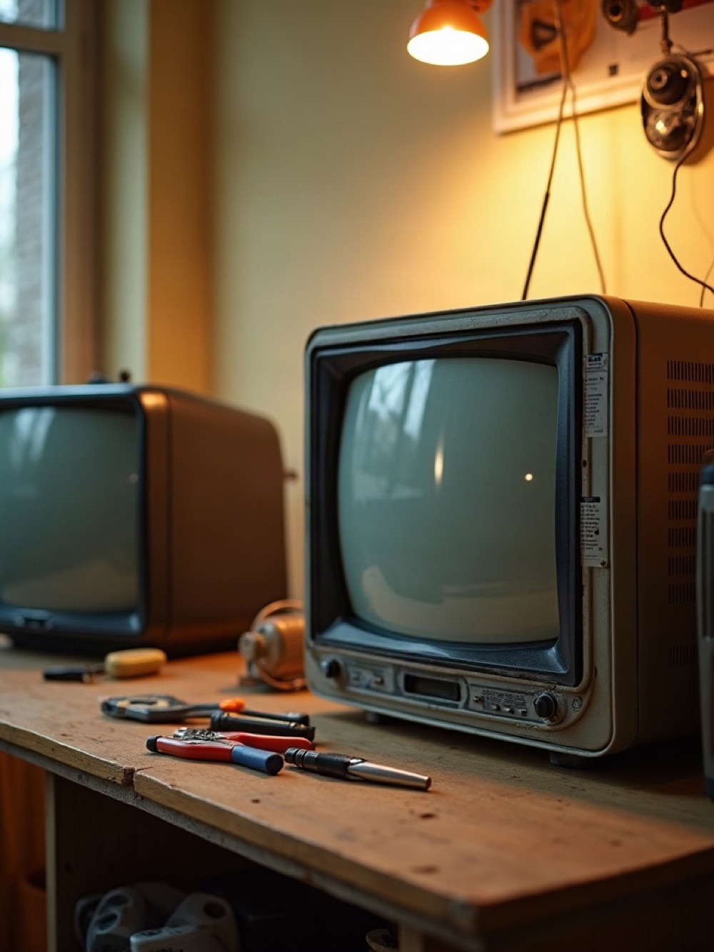 Television chassis and a radio on a wooden appliance repair bench