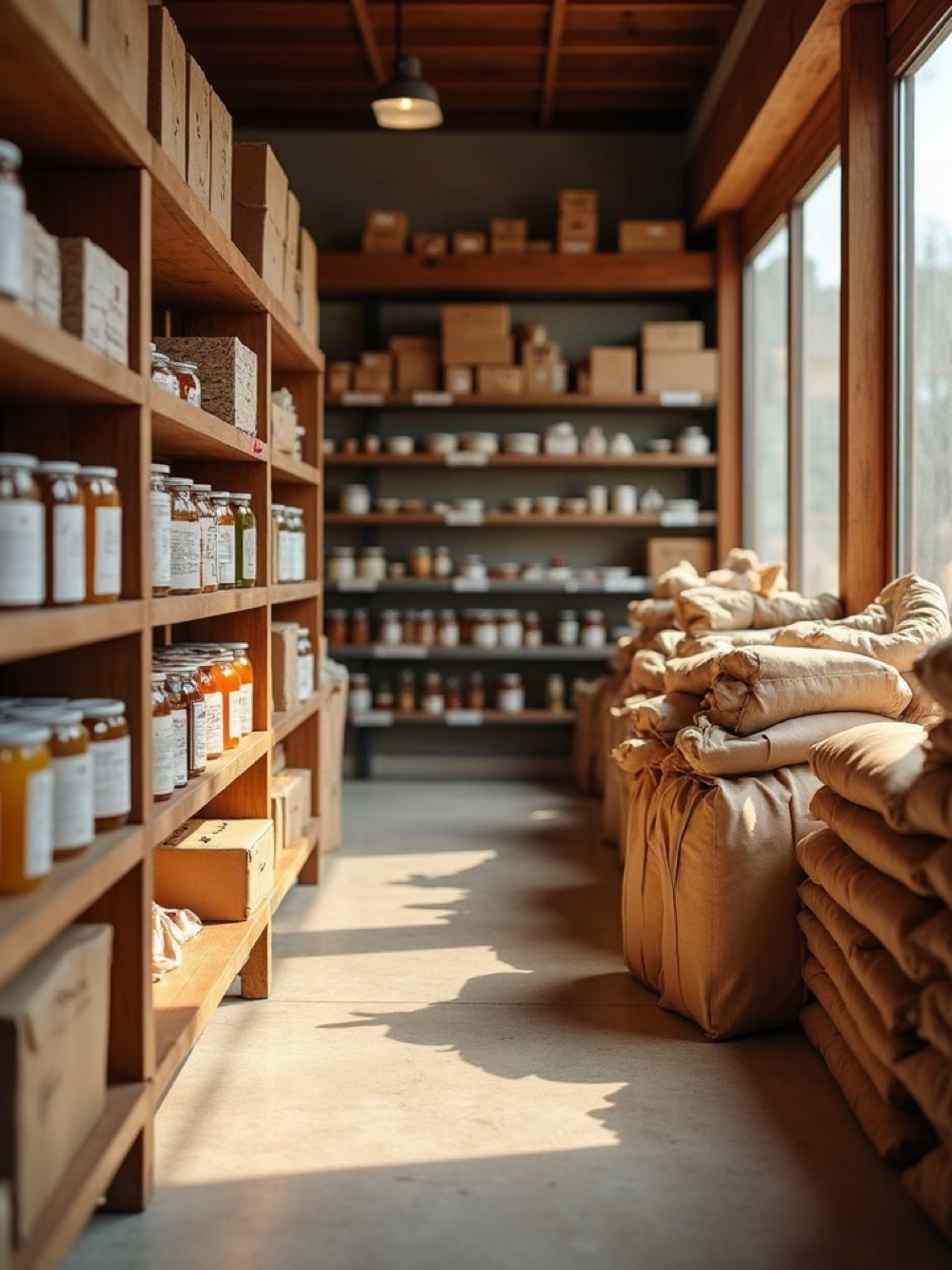 Retail grocery shelves with household appliance cartons stacked in the side aisle