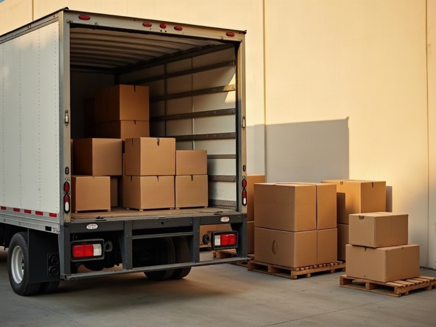 Box truck at a loading dock with grocery cartons on wooden pallets